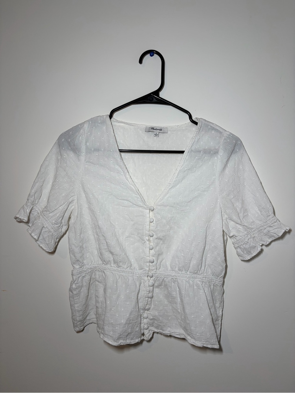 Madewell White Eyelet V-Neck Button Peplum Blouse